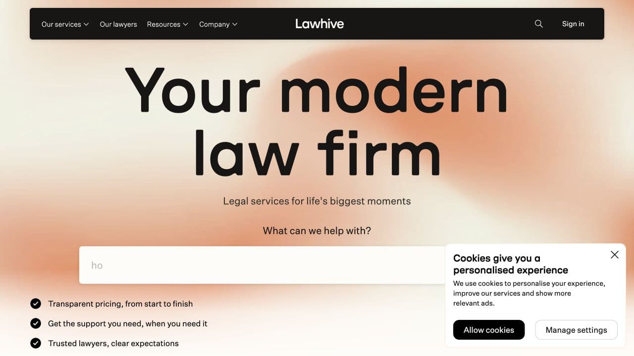 Lawhive website homepage screenshot
